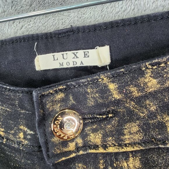 Womens Black Gold Luxe Moda Denim Jeans Rhinestone Embellished Side Zippers 12 - Picture 4 of 13